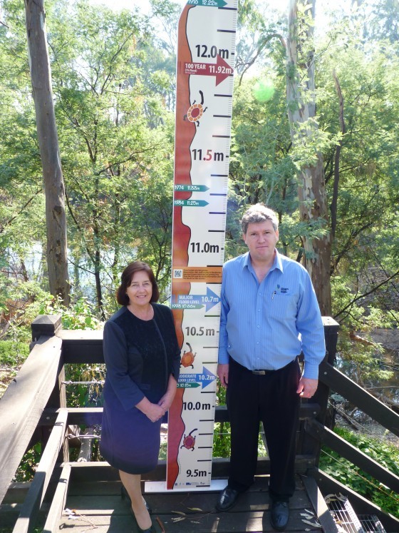 Cr Jenny Houlihan and Guy Tierney (GB CMA) pictured with the Murchison Flood Marker