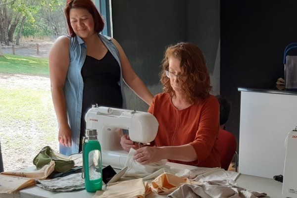Sharon Terry sewing at 2020